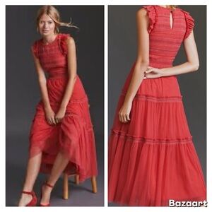 Anthro Smocked Ruffle Midi Dress MEDIUM